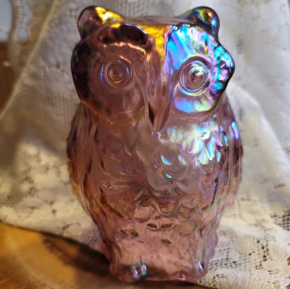 Fenton Rose Pink Iridescent Carnival Art Glass Hollow Owl Figurine 6.5"